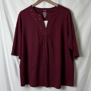 George Plus Womens Burgundy Tunic Top Size 2X Boho Peasant Embroidered Casual